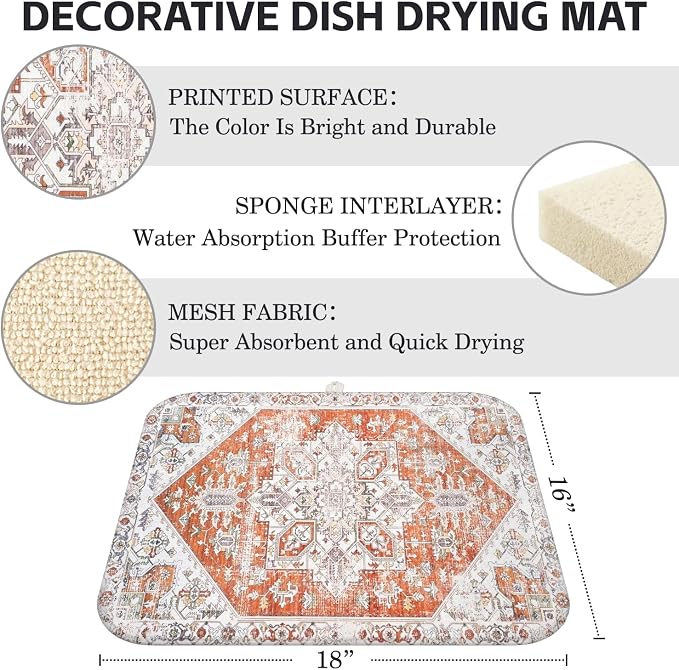 Boho Dish Drying Mat for Kitchen Counter,Vintage Orange Modern Farmhouse Absorbent Microfiber Reusable Washable Non-Slip Dish Drainer Draining Mats Dishes Pad for Kitchen Decor 18x16 Inch
