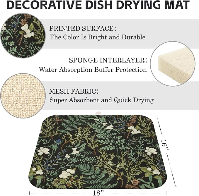 Boho Dish Drying Mat for Kitchen Counter,Botanical Fern Plant Floral Black Farmhouse Absorbent Microfiber Reusable Washable Non-Slip Dish Drainer Draining Mats Dishes Pad for Kitchen Decor 18x16 Inch