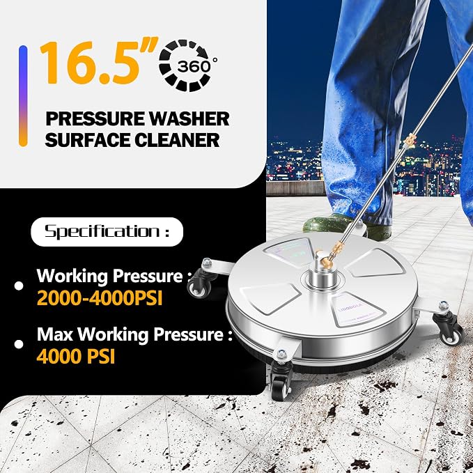 LidoDola 16'' Pressure Washer Surface Cleaner, Power Washer Accessory | Stainless Steel Housing with 4 Wheels, 1/4" QC, 2 Extension Wands & 2 Replacement Nozzles, for Gas & Electric Pressure Washer