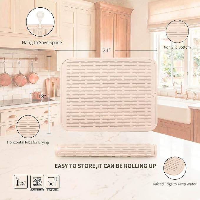 MicoYang Silicone Dish Drying Mat for Multiple Usage,Easy clean,Eco-friendly,Heat-resistant Silicone Mat for Kitchen Counter or Sink,Refrigerator or Drawer Liner Tapioca 2XL 24 inches x 18 inches