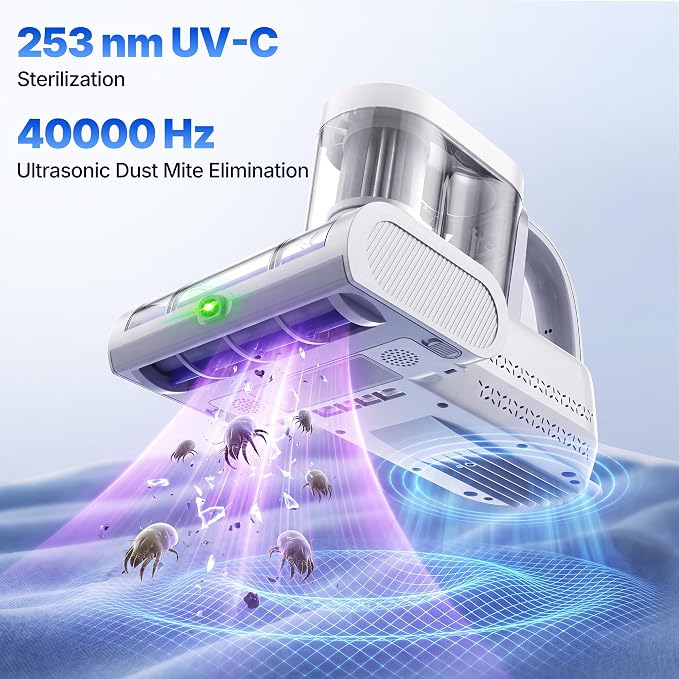 Misshappy Mattress Vacuum Cleaner - 16KPa Strong Suction Handheld Bed Cleaner with 253.7nm UV-C Sanitizing Light, Ultrasonic Module, Green Dust Visible Light, Dual Dust Cup Filtration 500W