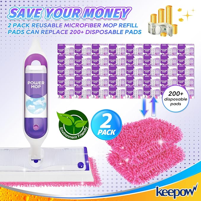 KEEPOW 4 Pink Reusable Mop Pads Compatible with Swiffer PowerMop | Mop Refill Pads Replacement for Swiffer Power Mop Spray Mop Pads for Multi-Surface Floor Cleaning