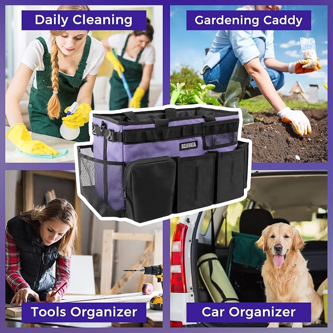 SCAVATA Wearable Cleaning Caddy Bag, Cleaning Caddy Supplies Organizer with Handle & Shoulder Straps for Housekeepers, Under Sink & Car Cleaning Tool Organizers with 4 Foldable Divider (Purple)