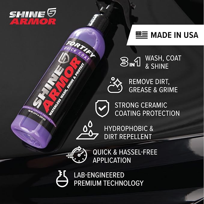 SHINE ARMOR Fortify Quick Coat - 8oz Ceramic Waterless Detailer Spray | 3-in-1 Wash, Wax & Nano-Ceramic Coating | Mirror Shine, Zero Streaks, No Dust Residue | 6-12 Month Protection | Made in USA | 8 Fl Oz - Waterless Wash, Wax and SiO2 Sealant Adds Sl...