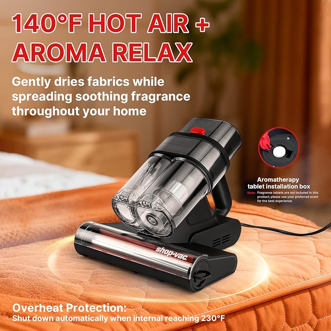 Shop-Vac Mattress Vacuum Cleaner, 14KPa Powerful Bed Vacuum, 5430326 | HEPA Filter & UV-C Light, Ultrasonic, 36960 Rpm/Min Tapping, Dual Cup Filtration, For Bed, Sofa, Couch, 400W, 15.4 Ft Corded