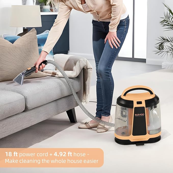 Slevoo 450W Portable Carpet Cleaner Machine with 1 Bottle Cleaning Solutions, Strong Suction Upholstery and Furniture Cleaner for Cleaning Stairs, Car Interiors, for Pet Footprint, Dust, Oil (Orange)