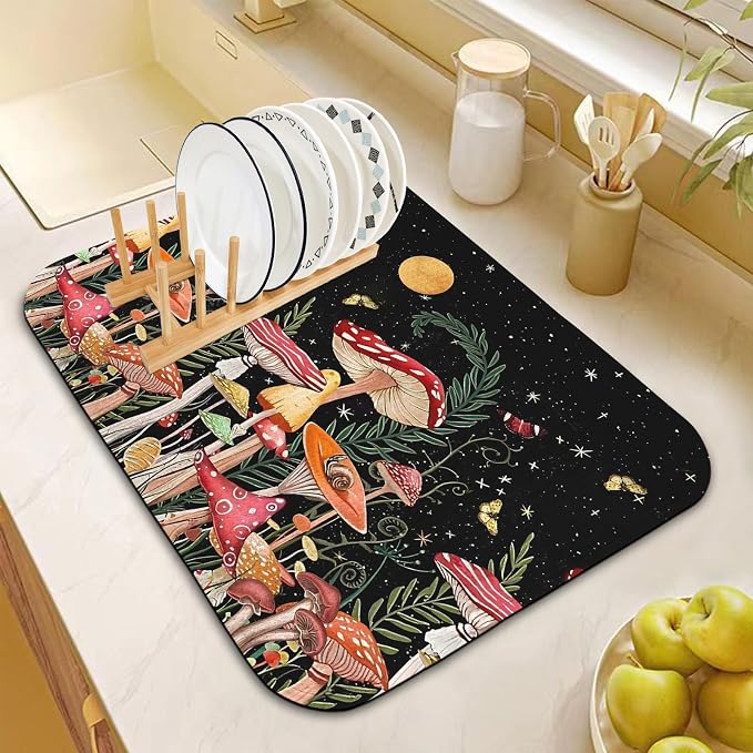 Dish Drying Mat for Kitchen Counter 18x24 Inch, Super Absorbent Dish Drainer Mat, Decorative Microfiber Dishes Drying Pad-Large(Mushroom)