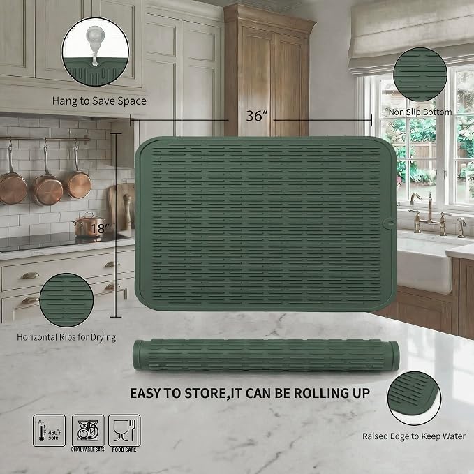 MicoYang Silicone Dish Drying Mat for Multiple Usage,Easy clean,Eco-friendly,Heat-resistant Silicone Mat for Kitchen Counter or Sink,Refrigerator or Drawer Liner Green 5XL 36inches x 18inches
