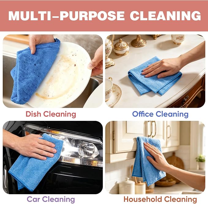 TEAWOO 10 PCS Blue Microfiber Cleaning Cloths, Highly Absorbent Microfiber Towels for Car, Kitchen, Bathroom and Household Cleaning, 11.8" X11.8