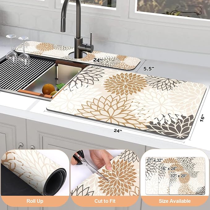 Findosom 2PCS 16" x 24" Dish Drying Mat & 24" x 5.5" Sink Splash Guard, Super Absorbent & Cuttable Dish Mat Drying Kitchen Mat with Brown Floral, Hide Stain Drying Mat for Kitchen Counter
