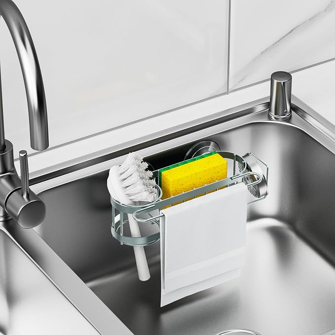 Cisily Kitchen Sink Caddy Sponge Holder in The Sink, Stainless Steel Kitchen Sink Organizer, Brush Holder, Dish Cloth Hanger, Sink Stopper Holder (Suction cup-Sage Green)