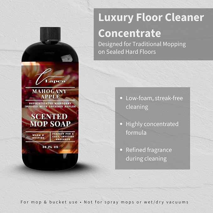 Lapew Mahogany Apple Scented Mop Soap - Luxury Floor Cleaner Concentrate for Mopping Tile, Laminate, Vinyl & Hardwood | Streak-Free, Low-Foam | 36 oz