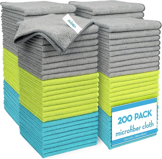 AIDEA Microfiber Cleaning Cloth-200PK, Microfiber Towels for Cars 12"x12" | Absorbent Cleaning Rags, Reusable Microfiber Towels Lint-Free, Dish Rags Streak-Free for Home /Kitchen Bulk Rags (Multicolor)