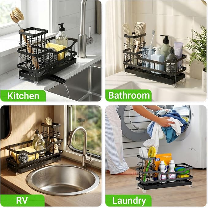Sponge Holder for Kitchen Sink, Self-Draining Sink Caddy Organizer with Removable Brush Holder, Rustproof Metal Sponge Rack for Countertop, Fits Soap Dispenser & Scrubber, Black