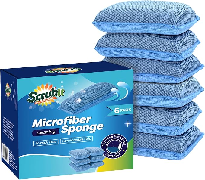 Miracle Microfiber Kitchen Sponge by Scrub-It (6 Pack) - Non-Scratch Heavy Duty Dishwashing Cleaning sponges- Machine Washable - (Blue)