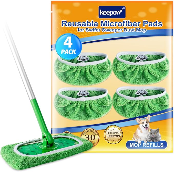 KEEPOW Reusable Mop Pads Compatible with Swiffer Sweeper, 4 Pack | Microfiber Mop Refill Pads, Dry & Wet Mopping Cloths for Floor Cleaning, Fits standard 10-12" flat mops