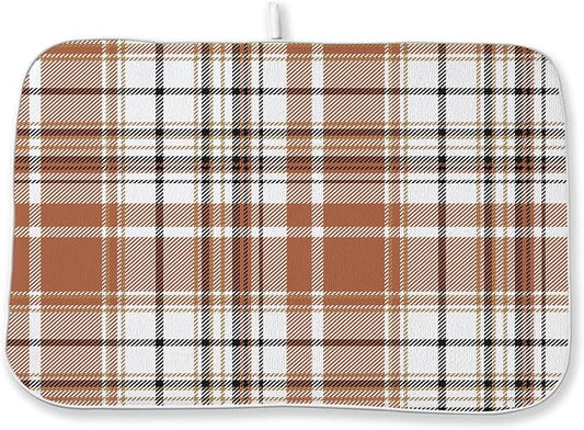 Fall Plaid Dish Drying Mat 18x24 Inch Autumn Orange Buffalo Plaid Drying Mat for Kitchen Counter Absorbent Farmhouse Harvest Thanksgiving Dishes Dry Pad for Drainer Rack Kitchen Fast Dry