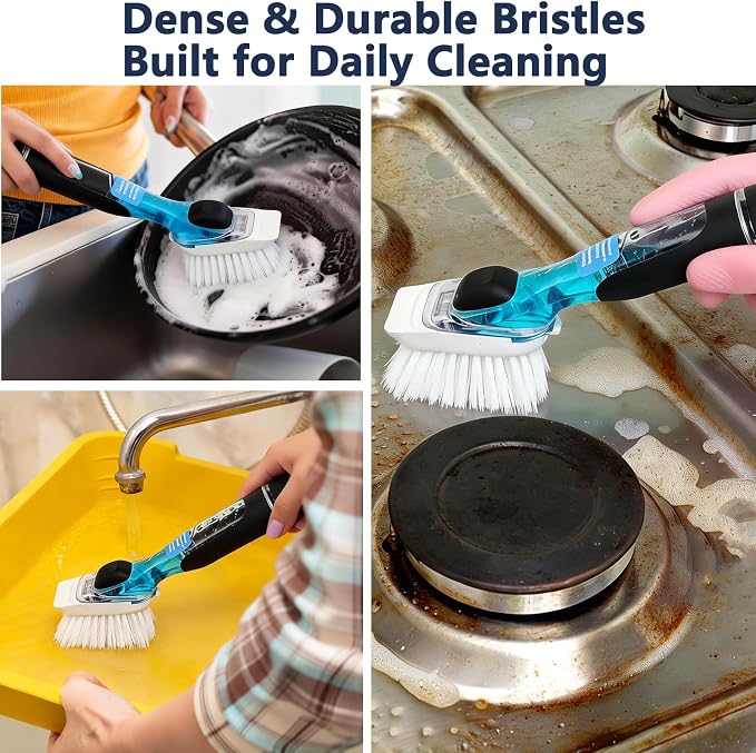 Dish Brush Refill Head 4 Pack Compatible with OXO Dish Brush Head | Stiff nylon bristles, built-in scraper, twist-to-replace mechanism, durable plastic, for soap dispensing models