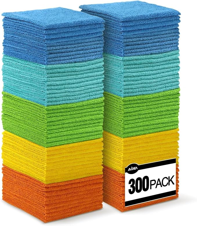 AIDEA Microfiber Cleaning Cloth, 300PK, Soft Absorbent Rags, Microfiber Towels for Cars, Kitchen Towels, Dusting Cloth for Home, Window, Cleaning Supplies, 12"×12"