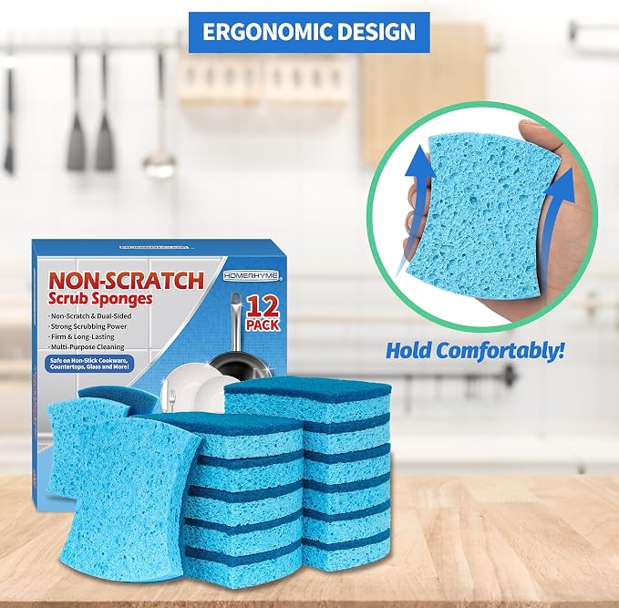 Non-Scratch Cellulose Scrub Sponges 12 Pack, Sponges Kitchen with Double-Side & Ergonomic Design for Dishes, Coated Cookware, Sink & Countertops.