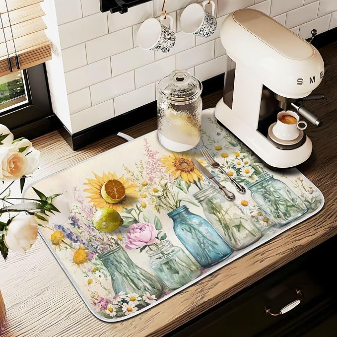 Spring Summer Floral Jars Flowers Dish Drying Mat for Kitchen Counter Absorbent Microfiber Small Drying Pad Dish Mats for Kitchen Countertops 16 x 18 Inch