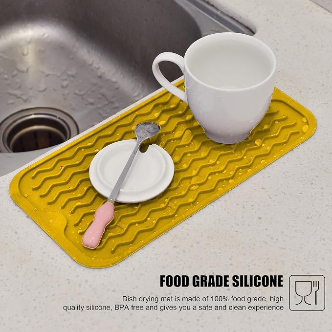 Silicone Dish Drying Mat for Multiple Usage, Easy clean, Eco-friendly, Heat-resistant Dish Drainer Mat for Kitchen Counter,Sink,Refrigerator or Drawer liner (12" x 6", Yellow)