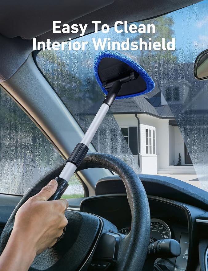 AstroAI 21" Extra-Long Windshield Cleaner Tool, Car Interior Detailing Cleaning Kit with Extendable Handle and 4 Upgraded Reusable Microfiber Pads, Auto Glass Wiper Brush Kit for Cars, Blue