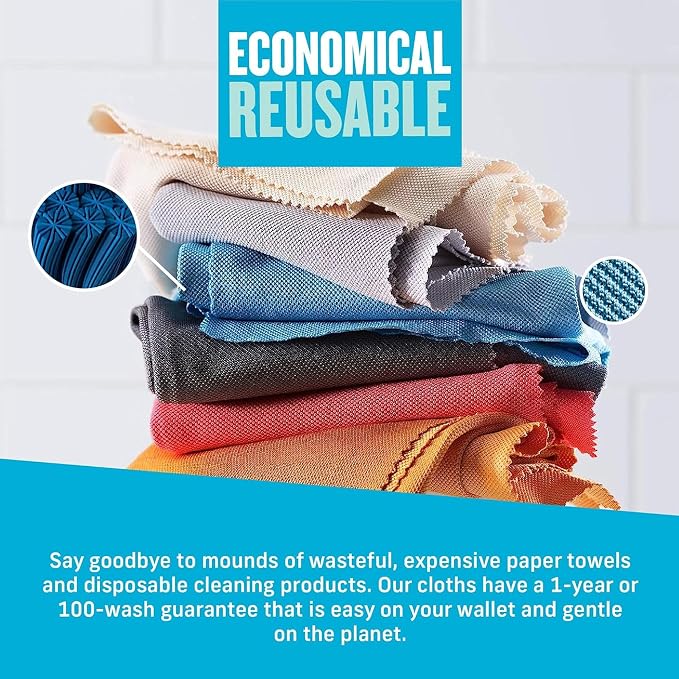 E-Cloth Glass & Polishing Cloths, Premium Microfiber Glass Cleaner, Great for Windows, Glass and Mirrors, Washable and Reusable, 100 Wash Guarantee, Assorted Colors, 8 Pack
