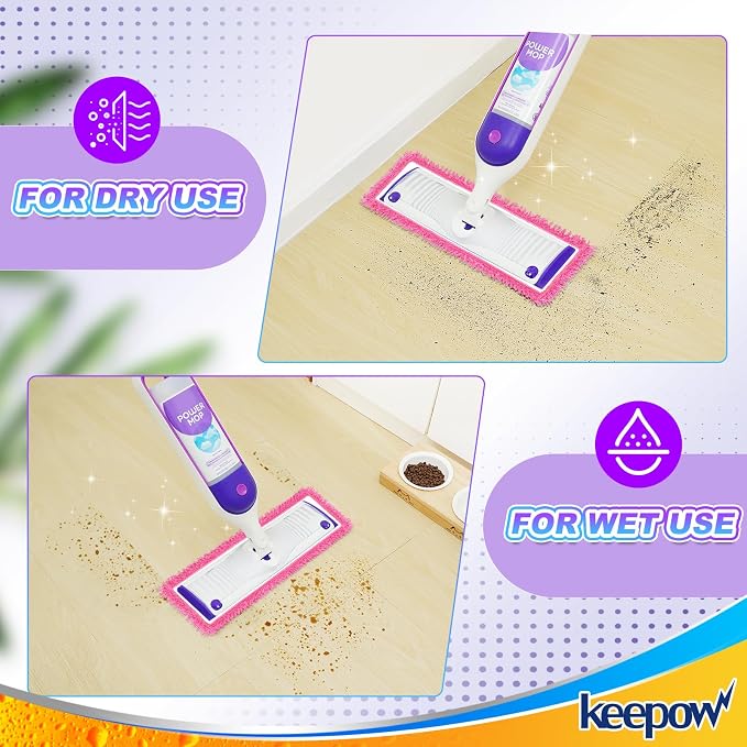KEEPOW Reusable Mop Pads Compatible with Swiffer PowerMop, 2 Pack Pink | Wood Floor Pads Microfiber Mop Replacement Refills Machine Washable for All Floor Surfaces