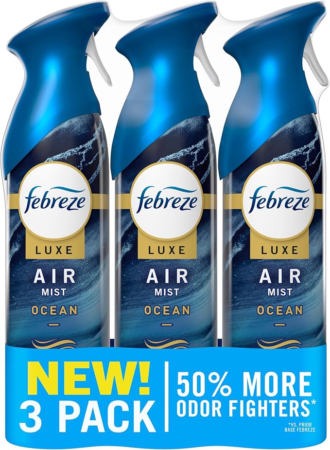 Febreze Air Mist, Luxe Air Freshener Spray, Odor Fighting Room Spray, Deodorizer for Home Bathroom Kitchen Office Apartment Dorm Room Classroom, Ocean Scent, 8.1oz (Pack of 3)