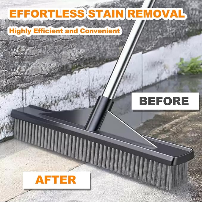 Heavy Duty Floor Scrub Brush Stainless Steel Wire Floor Scrubber with Long Handle Stiff Bristles Outdoor Push Broom for Cleaning Deck,Concrete,Patio,Boat,Moss Removal