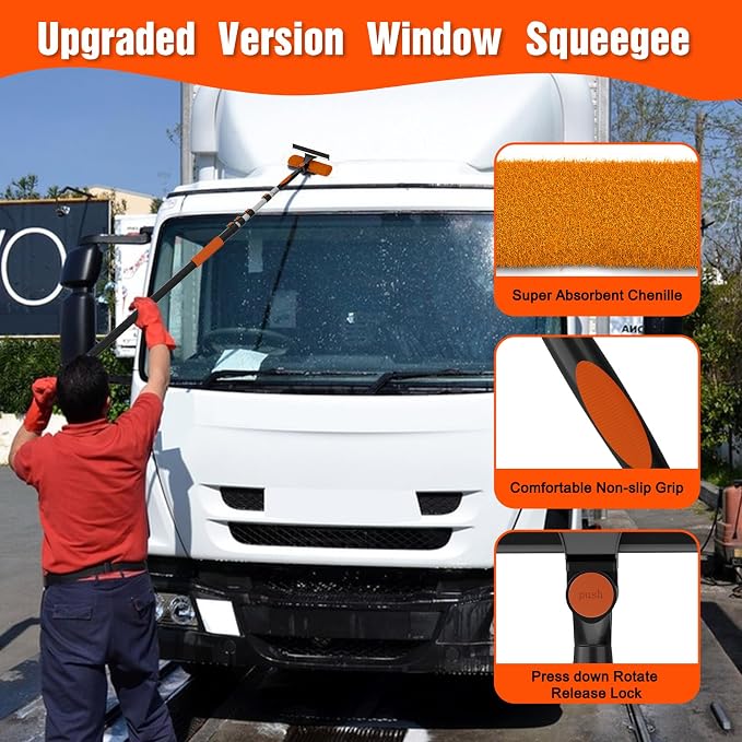 25FT Reach Window Squeegee Kit with Extension Pole, 2-in-1 Professional Washer for High Windows, 5-20FT Adjustable Reach, Rotatable Head for Indoor & Outdoor Use, Streak-Free Cleaning Tool for Home