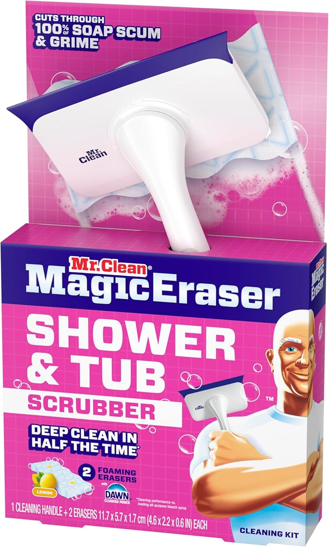 Mr. Clean Magic Eraser Shower & Tub Scrubber, Bathroom Cleaner, All in One Bathroom Cleaner, Lemon Starter Kit, 2 Scrubber, 5 Foaming Magic Erasers, 1 Whole Home Extra Durable Magic Eraser