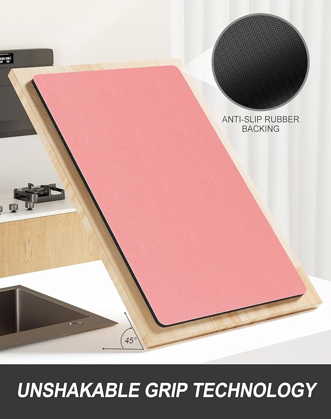 Rnivvi Dish Drying Mat for Kitchen Counter, 12 x 19" Super Absorbent Drainer Pad Easy Clean Dish Rack Pad, Non-Slip Heat Resistant Coffee Bar Mats for Coffee Machine Station Accessories, Rose Pink