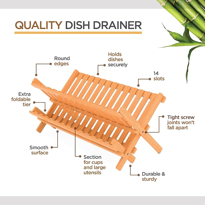 Collapsible Dish Drying Rack 2-Tier Bamboo Dish Drainer for Kitchen Counter | Foldable Wooden Dish Rack, Small Kitchen Drying Rack, Dish Strainer, Holds Plates Cups Bowls Utensils, No Assembly