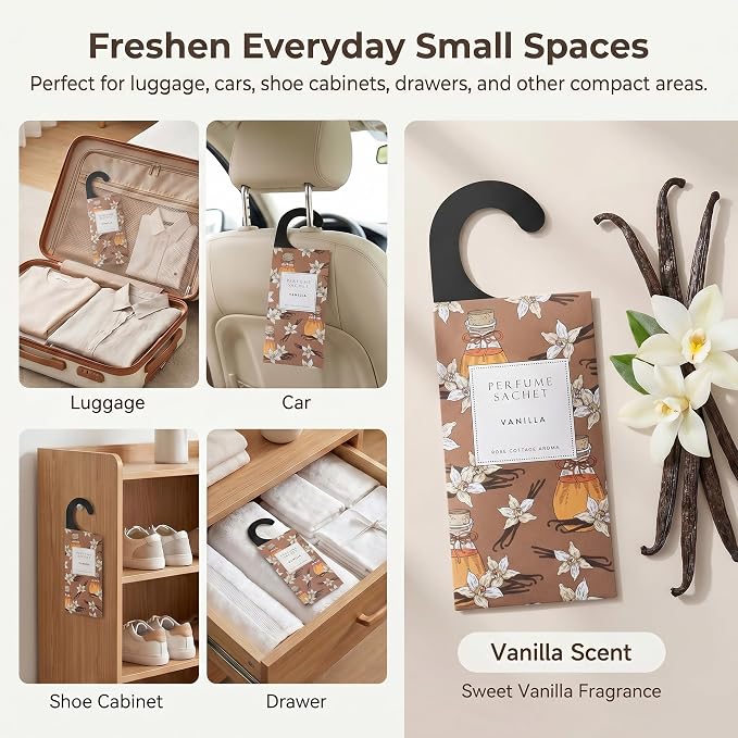 Large 12 Packs Vanilla Hanging Scented Sachets Long-Lasting Closet Deodorizer Air Freshener Fabric Refresher Odor Eliminator for Drawer Home Fragrance Gift Set