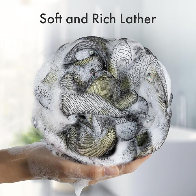AmazerBath Charcoal Loofah Sponge, Large Shower Loofah 75g/PCS - Body Scrubber Loofa Set of 4 - Charcoal Blue, Gray, Pink & Army Green, Bath Sponge for Men and Women