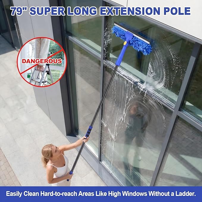Wontolf 4-in-1 Window Squeegee, 79'' Window Cleaner Tool with Extension Pole, Window Cleaning Kit with Storage Bag, Rotatable Window Washing Kit Equipment for Home, Outdoor High Windows, Glass, Shower