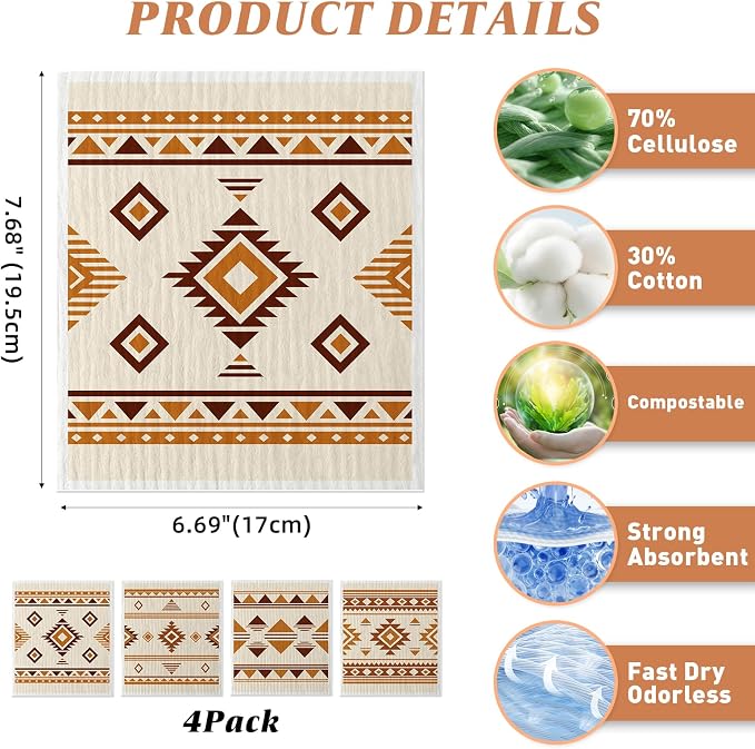 4 PCS Swedish Dishcloths, Western Aztec Vintage Themed Reusable Kitchen Dish Cloths, Super Absorbent Cellulose Sponge Cloths, Odor Resistant, Dishwasher Safe & Multi-Purpose Cleaning Cloths
