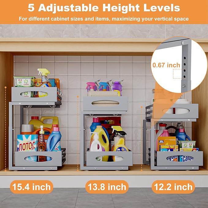 Under Sink Organizer, 2 Tier Under Sink Organizers and Storage, Adjustable Height, Slide out Metal Cabinet Organizers, Pull out Cabinet Storage Drawer Shelf for Kitchen Bathroom (Gray, 1 Pack)