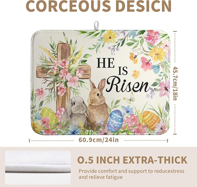 Easter He Is Risen Bunny Dish Drying Mat for Kitchen Counter Spring Easter Cross Floral Eggs Drying Pad 18x24 In Microfiber Absorbent Holiday Dishes Drainer for Kitchen Counter Tableware