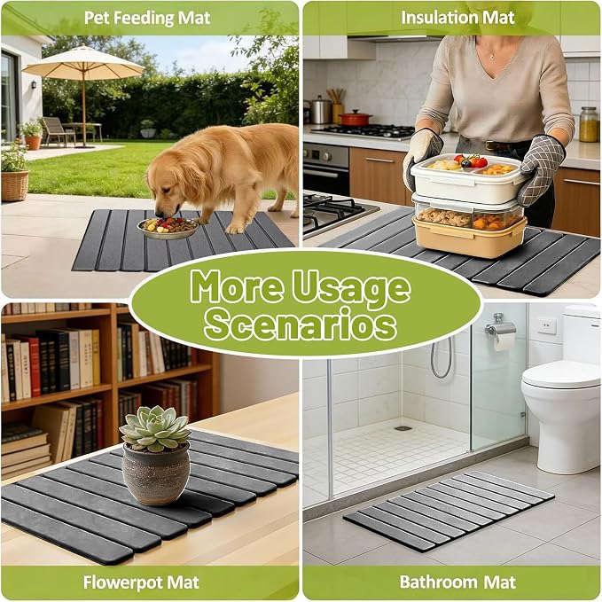 Large Stone Dish Drying Mat for Kitchen Counter, 24"x16" Collapsible Quick Dry Stone Dishes Mats, Water Absorbent Diatomaceous Earth Mats for Bottles Cups Dishes, Match Any Countertop