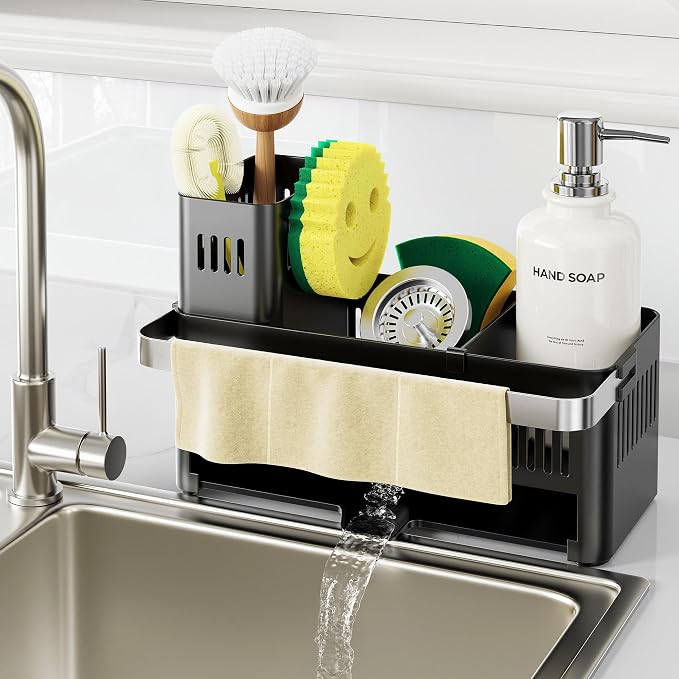 Nieifi Sponge Holder – Black ABS Rust Sink Caddy with Towel Rack, 10.12" | Smiley sponge & brush holders with drainage to keep items dry. 4.5-inch depth. Kitchen counter organizer & essential storage.