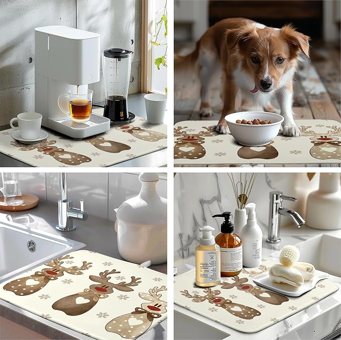Christmas Reindeer Snowflakes Dish Drying Mat for Kitchen Counter 18x24 Inch Winter Xmas Holiday Drying Pads Microfiber Absorbent Dish Draining Mat Large Dish Drainer Rack Mat