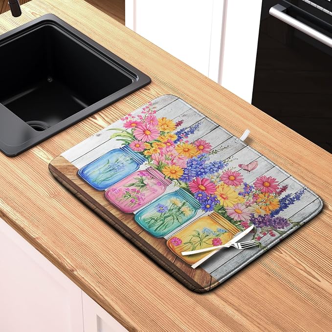 Daisy Dish Drying Mat for Kitchen Counter Spring Summer Flowers Vases Dishes Pad Microfiber Absorbent Dish Draining Mats Rustic Farmhouse Floral Wooden Board Dish Drainer Rack Mat 18x24 Inch