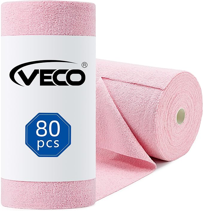 Veco Microfiber Cleaning Cloth Roll 80 PCS, 12" x 12" | Lint-Free, Streak-Free, Tear Away Reusable Microfiber Towels, Cleaning Rags for Kitchen, Car & Home, Pink