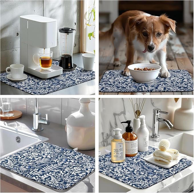 Blue and White Plant Dish Drying Mat Botanical Fern Leaves Floral Drying Mats for Kitchen Counter Microfiber Absorbent Dish Draining Mat Reusable Washable Dish Rack Pad 16x18 Inch