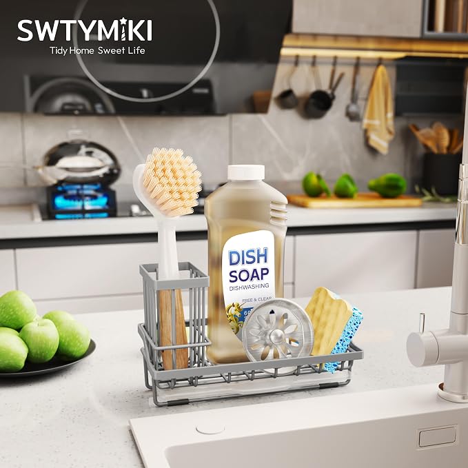 SWTYMIKI Sink Caddy Sponge Holder - Kitchen Sink Organizer with High Brush Holder for Countertop to Hold Dish Soaps and Sponges, Stainless Steel, Gray