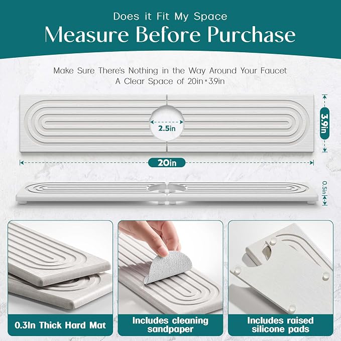 Eormoe Stone Faucet Mat for Kitchen Sink – Diatomite Drying Stone Mat & Sink Protector, Prevents Moisture – Sink Splash Guard Water-Absorbing Stone Tray for Bathroom Counter (Light Grey, 20" x 3.9")