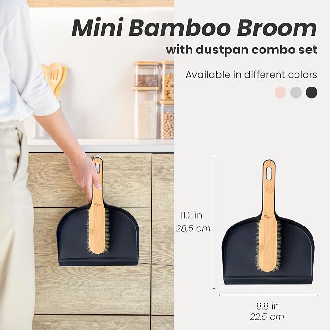 Vigar Vintage Mini Bamboo Broom with Dustpan Combo Set, Black | Small Dust Pan and Brush Set, For Dust, Pet Hair, Car and Crumbs, House and Kitchen Cleaning, Bamboo Broom